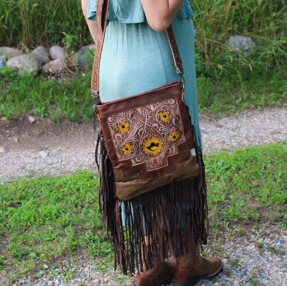 Genuine Tooled And Fringe Leather Crossbody Sling Bag - Brown